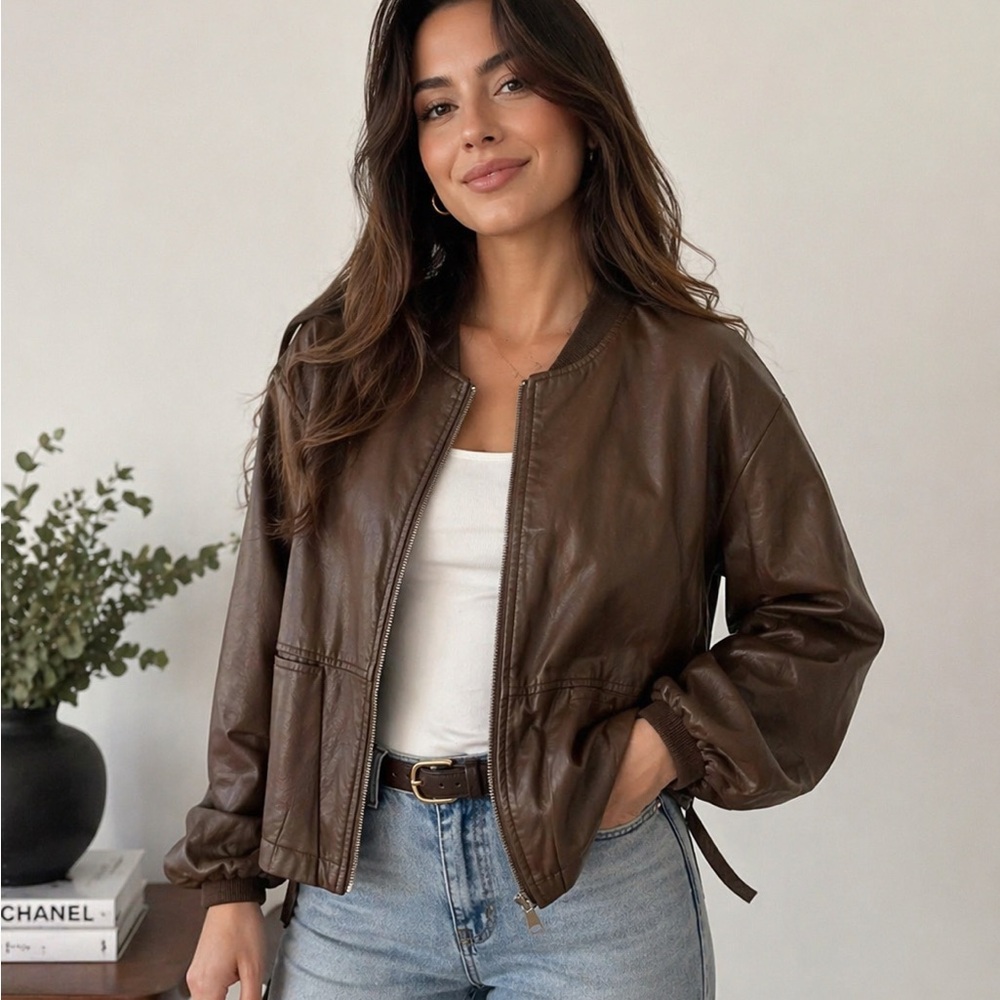 Genuine Leather Bomber Jacket • Size L • Chocolate Brown • NWOT Pristine
